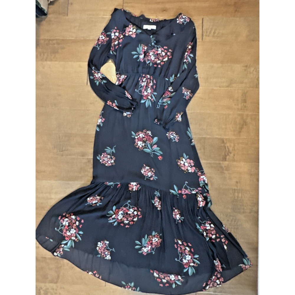 LOFT Floral Smocked Ruffle Maxi Dress Gray Long Sleeve Style 404708 Fall 2019 M - Picture 2 of 14
